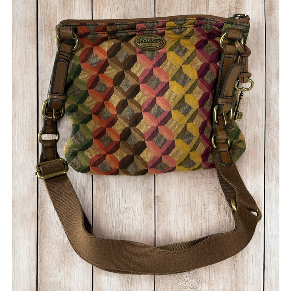 FOSSIL Diamond Tapestry Zip Crossbody Shoulder Bag Geo Hippie Boho Festival - Picture 14 of 14